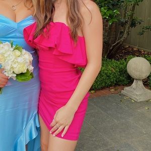 Pink strapless dress with ruffles